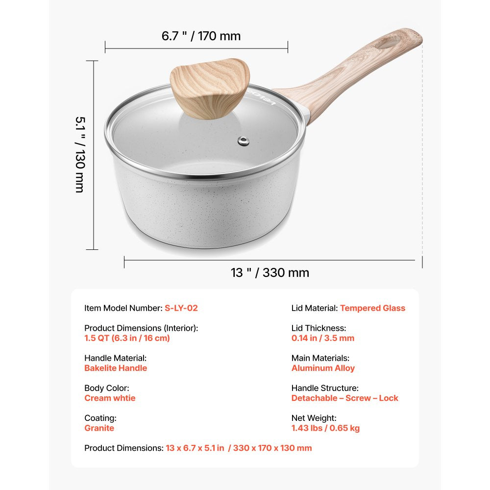 VEVOR 1.5 QT Saucepan, Nonstick Saucepan with Tempered Glass Lid, Multipurpose Cooking Sauce Pot with Detachable Handle, Sauce Pan Small Kitchen Cooking Pot with Coating, Induction Compatible, White