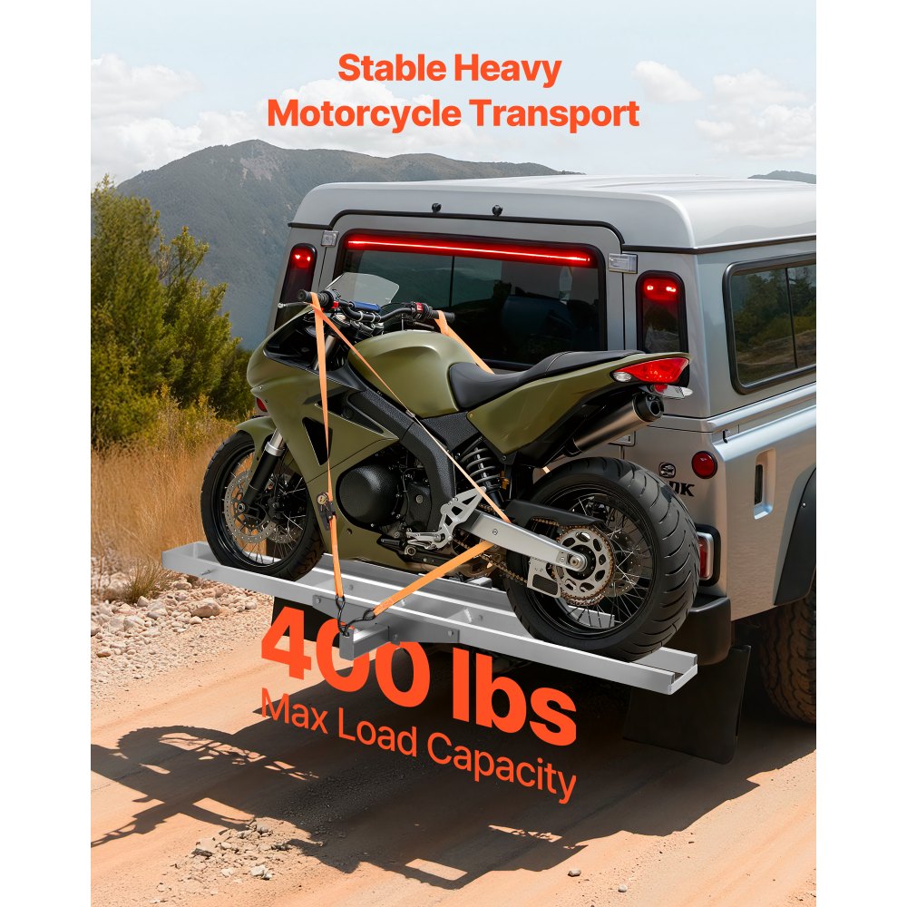 VEVOR Motorcycle Carrier, 400 lbs Capacity, Heavy Duty Aluminum Hitch Mount Rack with 47in Loading Ramp, Straps & Stabilizer, Scooter Dirt Bike Trailer Hauler for Car Truck with 2-Inch Hitch Receiver