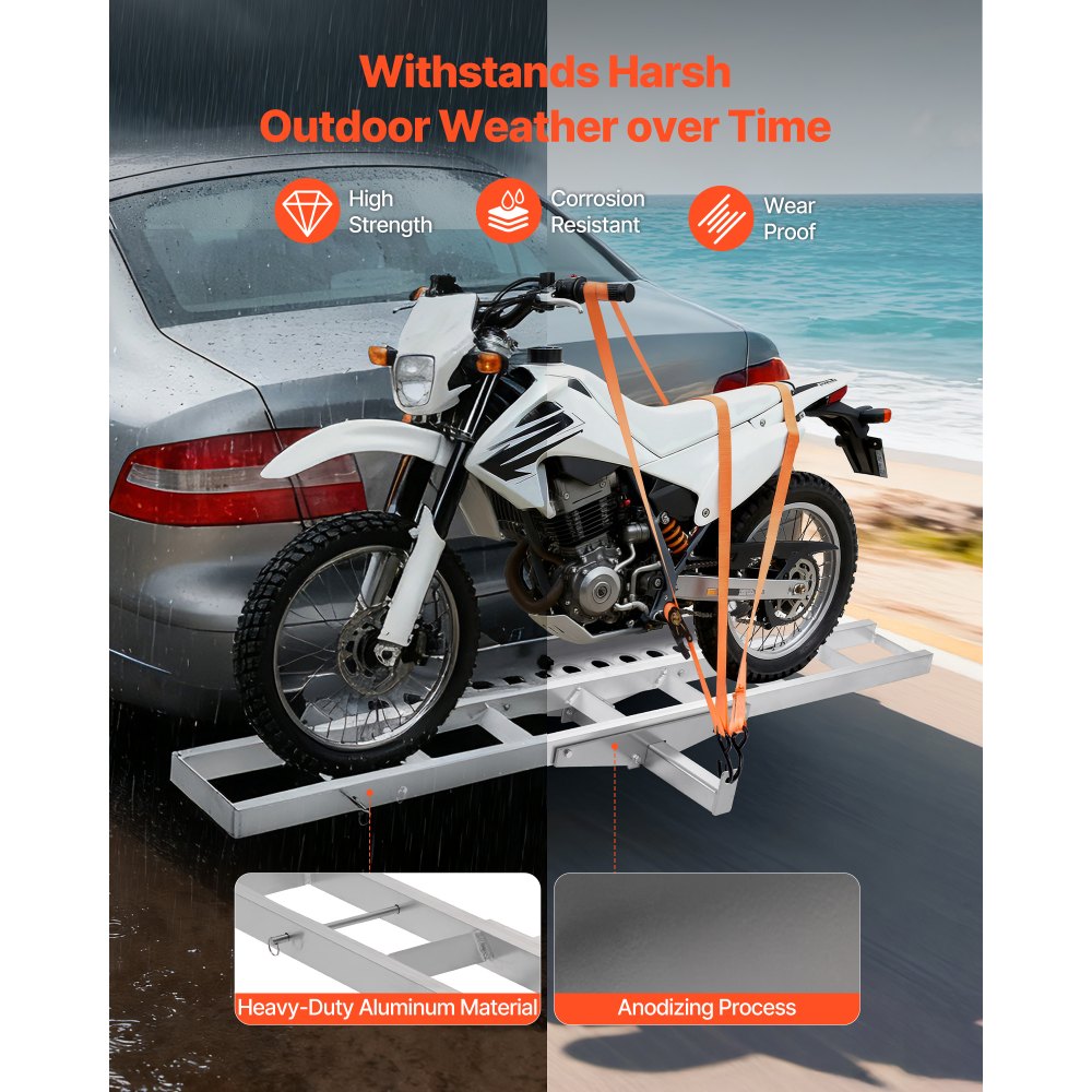 VEVOR Motorcycle Carrier, 400 lbs Capacity, Heavy Duty Aluminum Hitch Mount Rack with 47in Loading Ramp, Straps & Stabilizer, Scooter Dirt Bike Trailer Hauler for Car Truck with 2-Inch Hitch Receiver