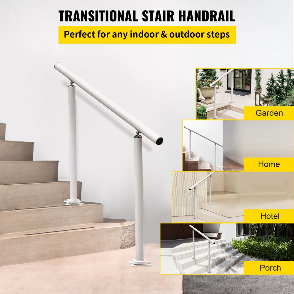 VEVOR Outdoor Stair Railing Kit, 4 FT Handrails 1-4 Steps, Adjustable Angle White Aluminum Stair Hand Rail for The Elderly, Handrails for Outdoor Steps