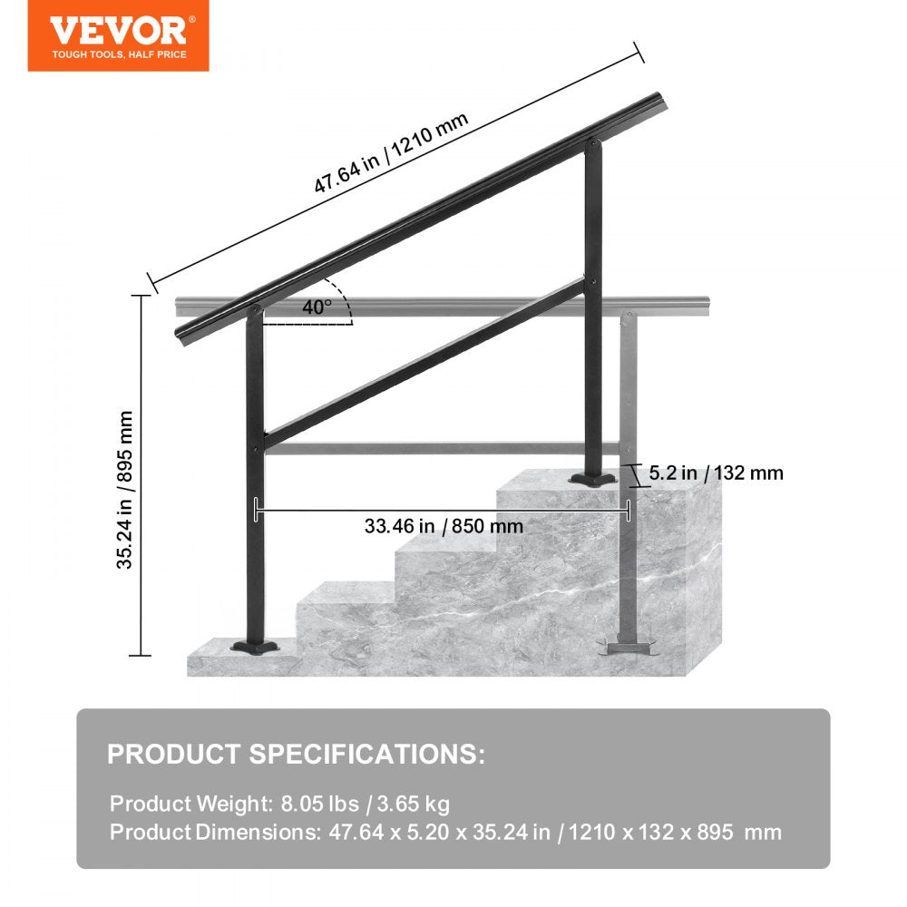 VEVOR Handrail Outdoor Stairs 47.6 X 35.2 Inch Outdoor Handrail Outdoor Stair Railing Adjustable from 0 to 30 Degrees Handrail for Stairs Outdoor Aluminum Black Stair Railing Fit 3-4 Steps