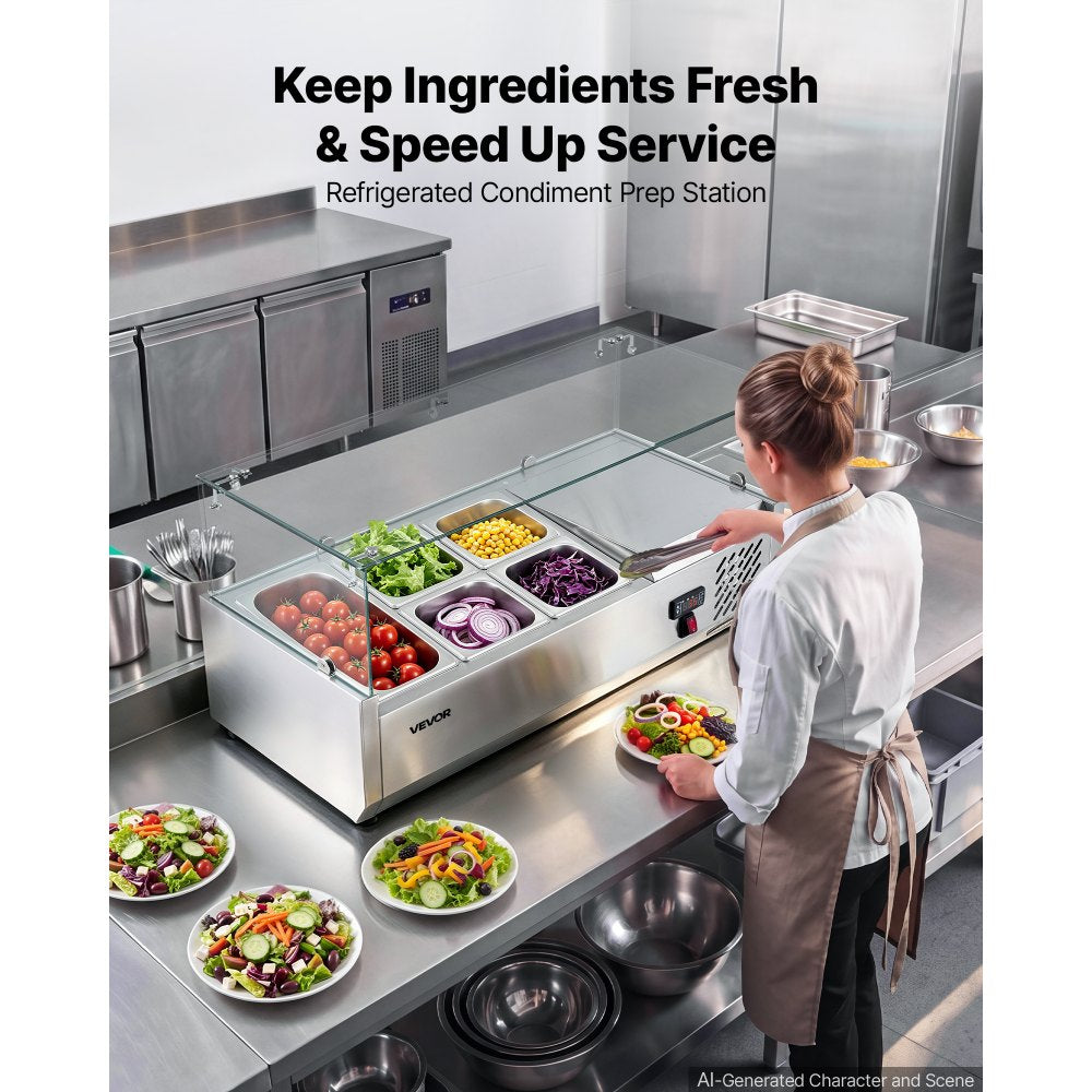VEVOR Refrigerated Countertop Prep Unit Condiment Prep Station 16 QT ETL, for Commercial Restaurant Salad Bar, 160W, with 1 x 1/3 & 4 x 1/6 Pans, Auto Defrost, Adjustable Temp, Glass Sneeze Guard