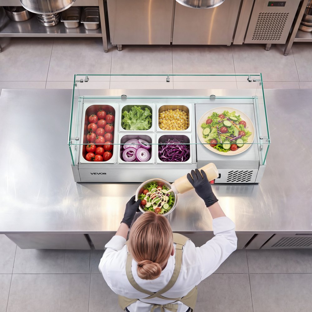 VEVOR Refrigerated Countertop Prep Unit Condiment Prep Station 16 QT ETL, for Commercial Restaurant Salad Bar, 160W, with 1 x 1/3 & 4 x 1/6 Pans, Auto Defrost, Adjustable Temp, Glass Sneeze Guard