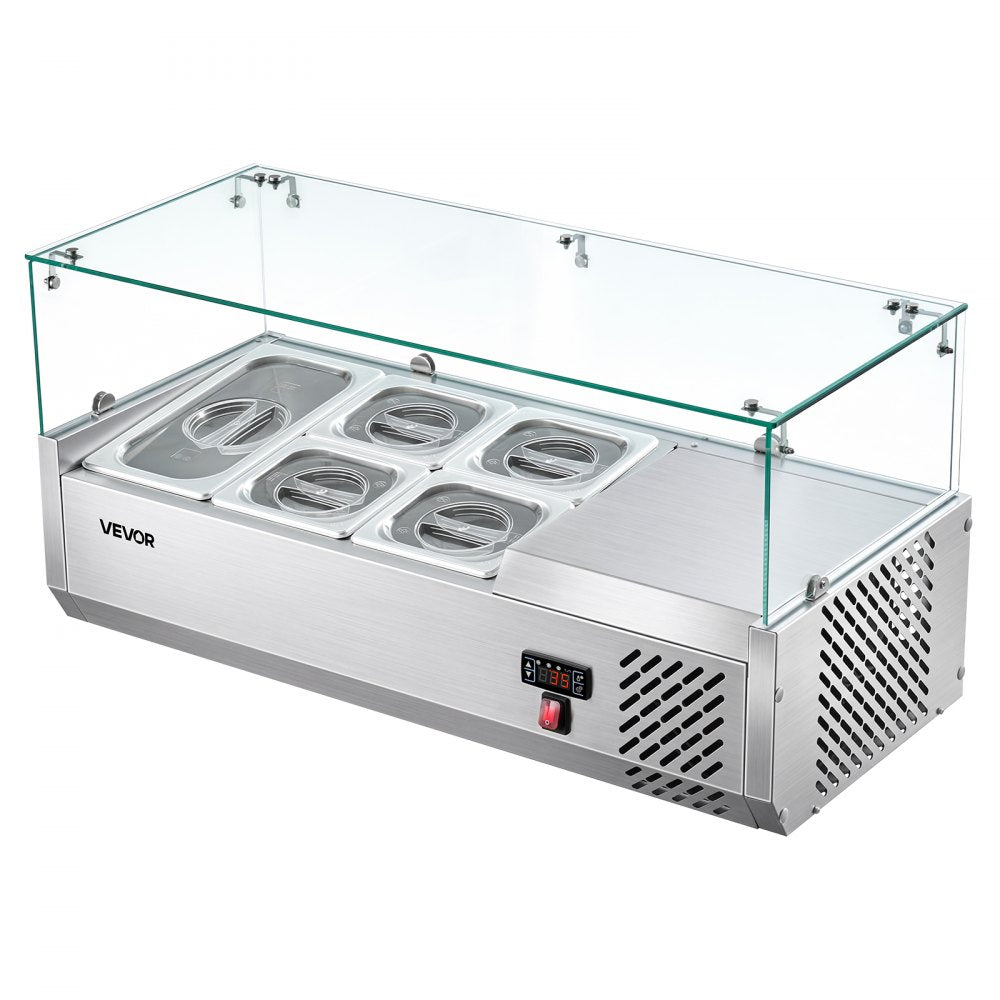 VEVOR Refrigerated Countertop Prep Unit Condiment Prep Station 16 QT ETL, for Commercial Restaurant Salad Bar, 160W, with 1 x 1/3 & 4 x 1/6 Pans, Auto Defrost, Adjustable Temp, Glass Sneeze Guard