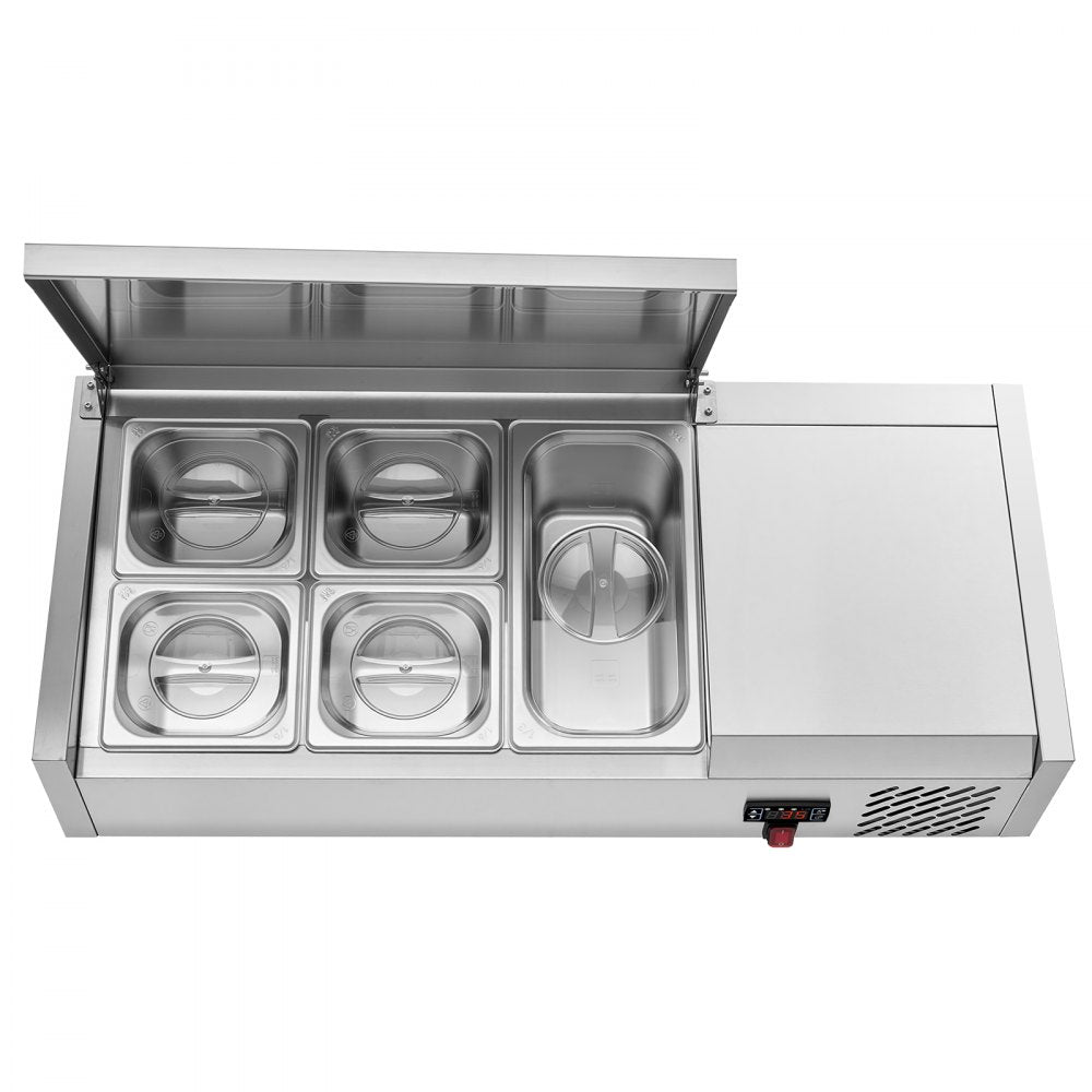 VEVOR Refrigerated Countertop Prep Unit Condiment Prep Station 14 QT ETL, for Commercial Restaurant Salad Bar, 160W, with 1 x 1/3 & 4 x 1/6 Pans, Auto Defrost, Temp Control, Stainless Steel Cover
