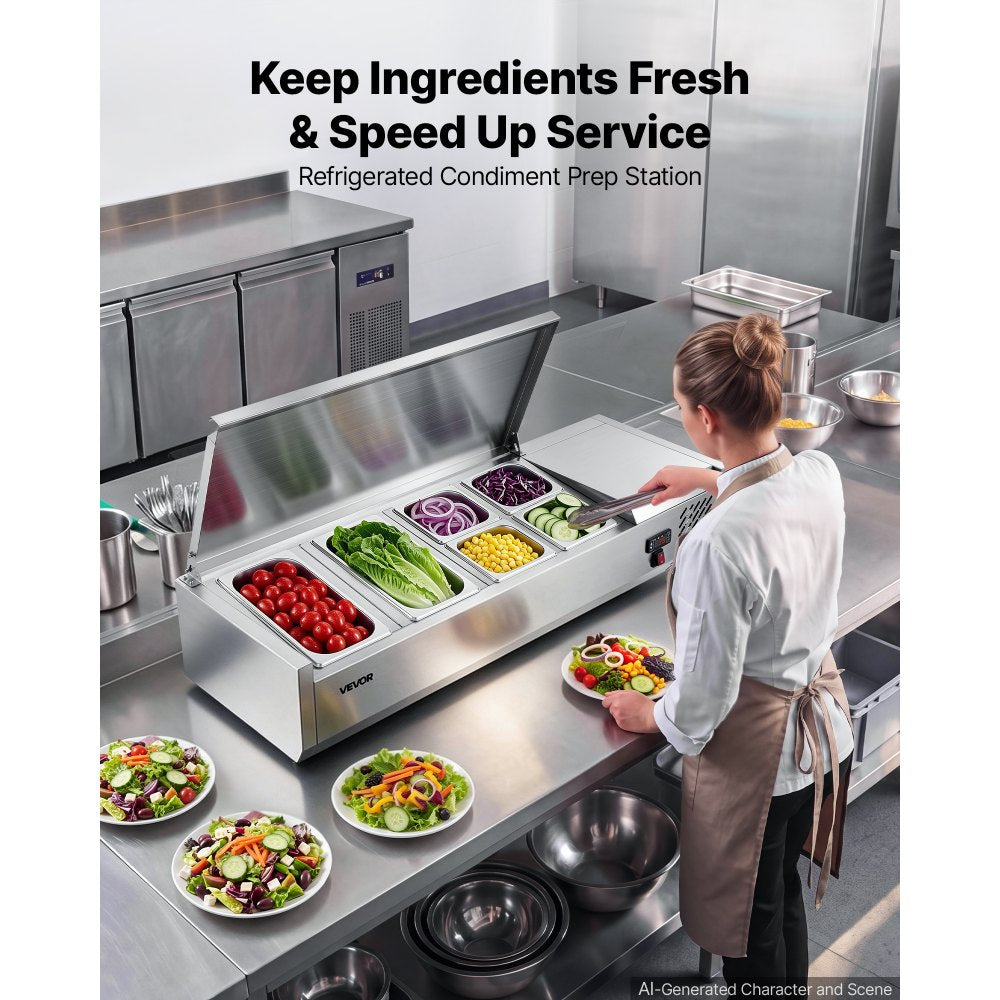 VEVOR Refrigerated Countertop Prep Unit Condiment Prep Station 22 QT ETL, for Commercial Restaurant Salad Bar, 160W, with 2 x 1/3 & 4 x 1/6 Pans, Auto Defrost, Temp Control, Stainless Steel Cover