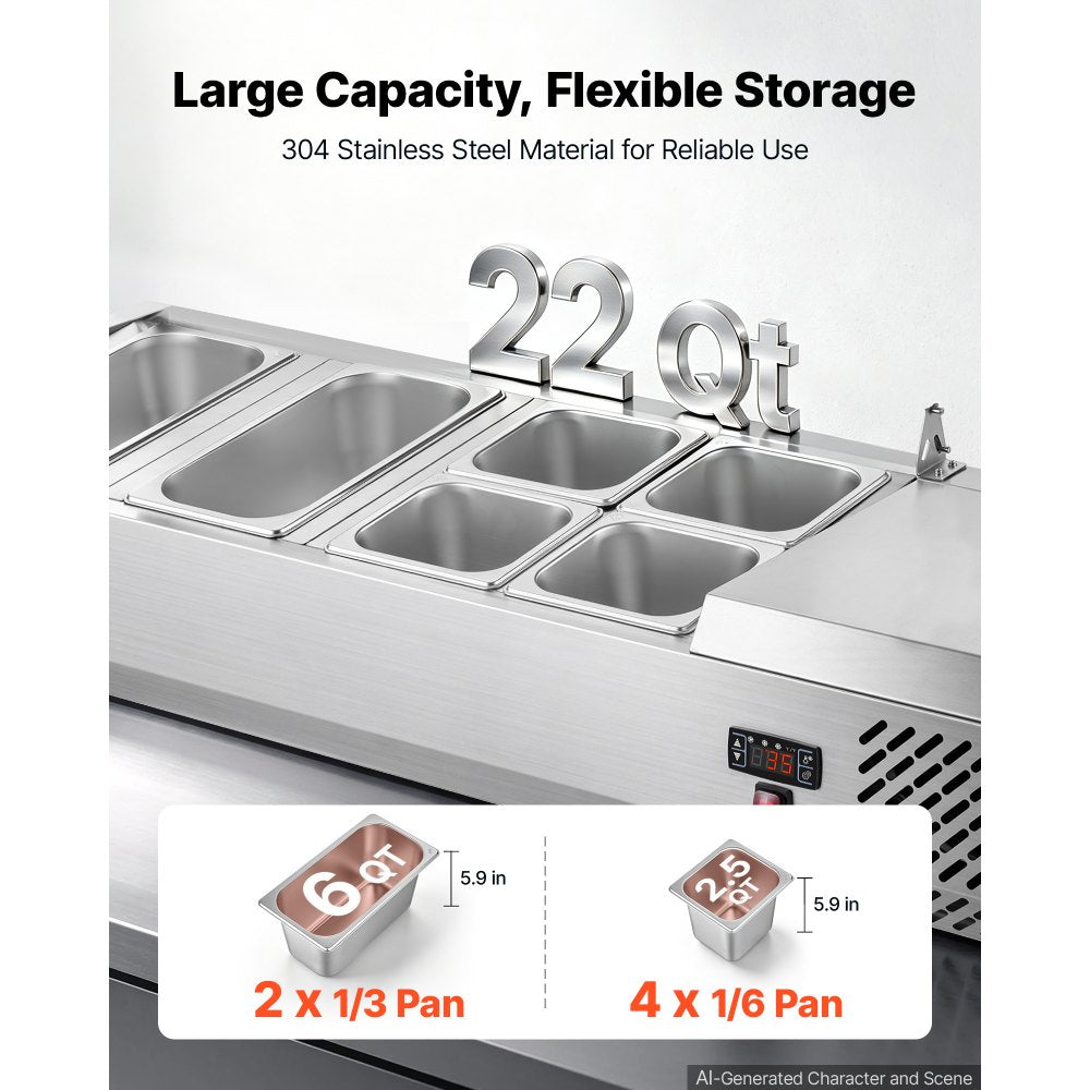 VEVOR Refrigerated Countertop Prep Unit Condiment Prep Station 22 QT ETL, for Commercial Restaurant Salad Bar, 160W, with 2 x 1/3 & 4 x 1/6 Pans, Auto Defrost, Temp Control, Stainless Steel Cover
