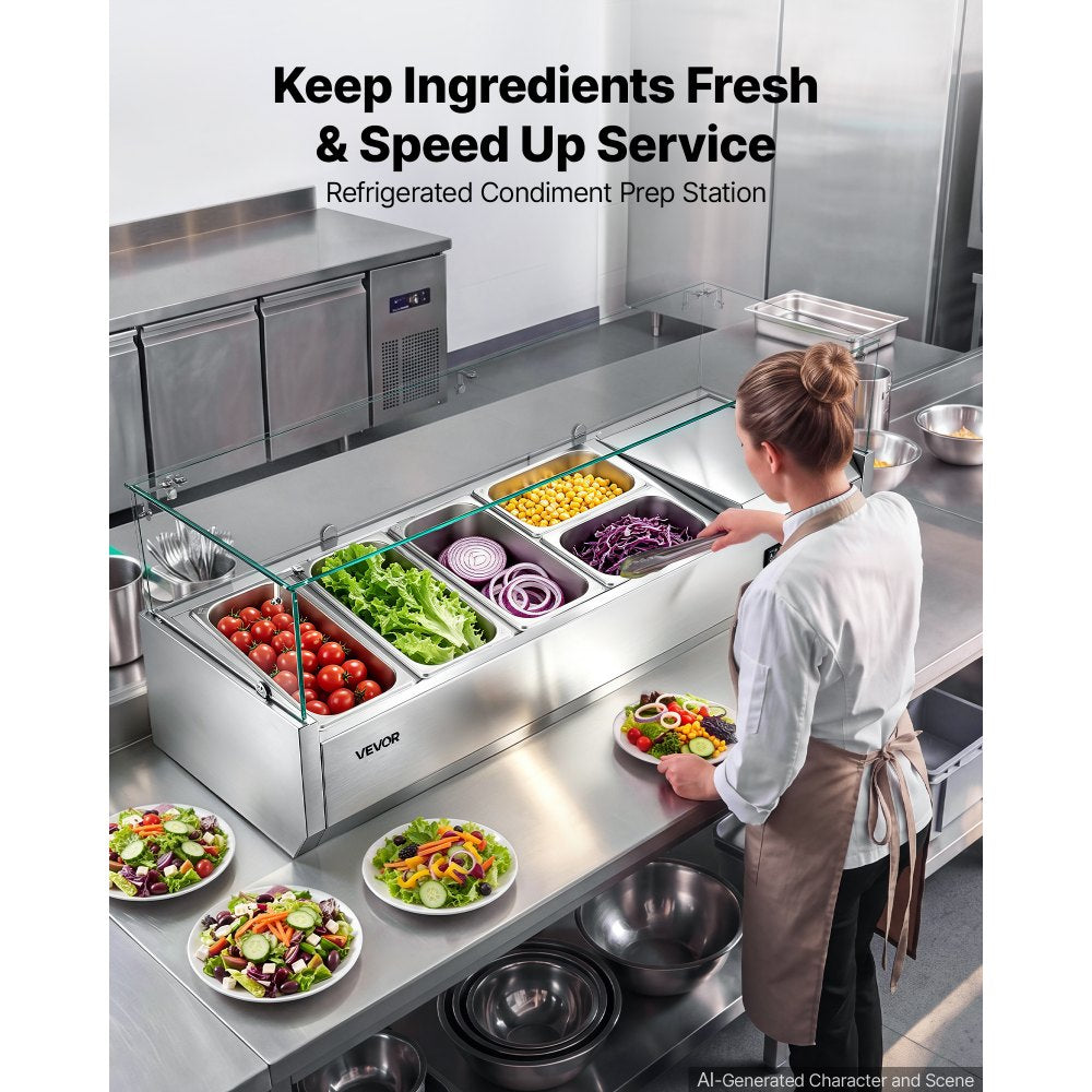VEVOR Refrigerated Countertop Prep Unit Condiment Prep Station 26.4QT ETL, for Commercial Restaurant Salad Bar, 160W, with 3 x 1/3 & 2 x 1/4 Pans, Auto Defrost, Adjustable Temp, Glass Sneeze Guard