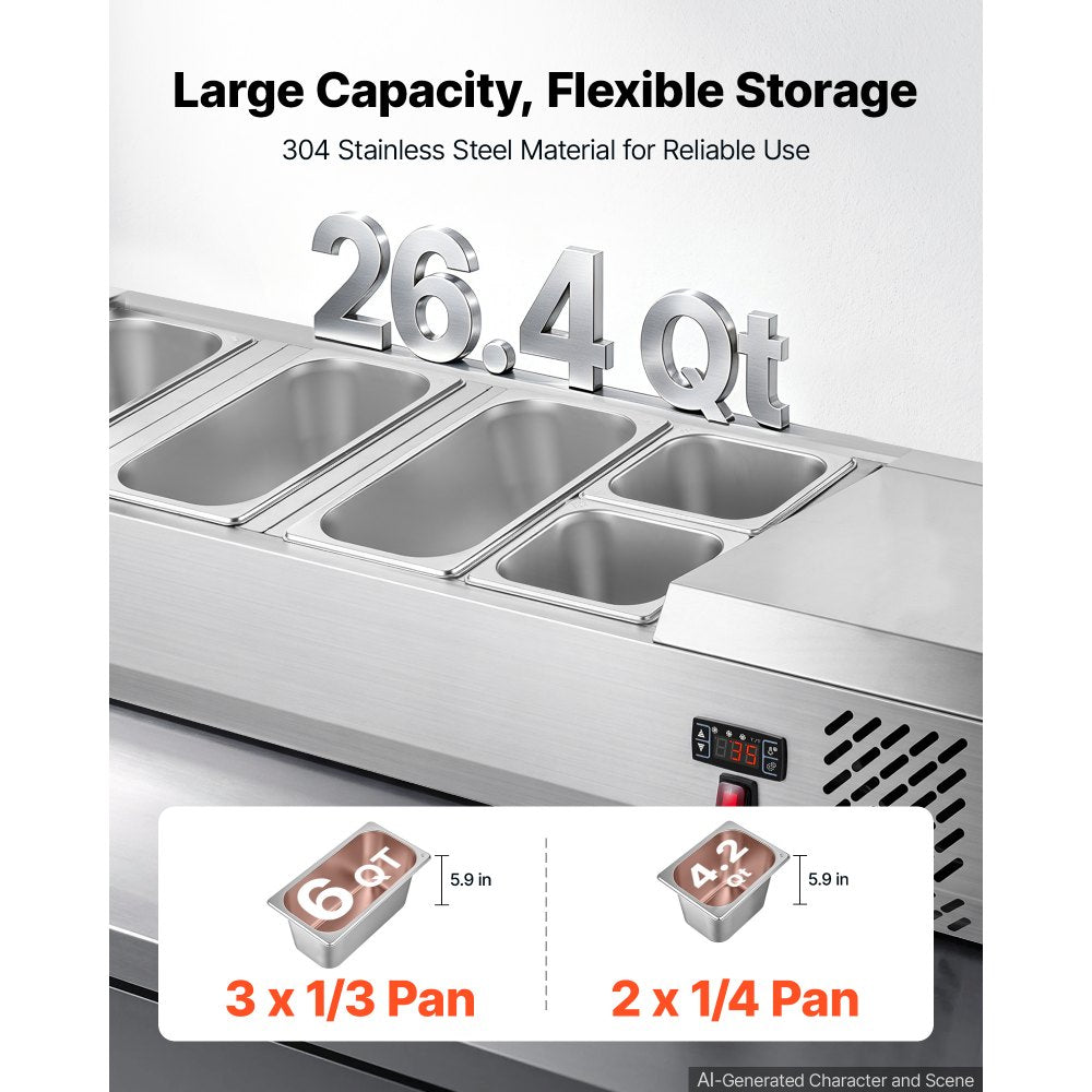 VEVOR Refrigerated Countertop Prep Unit Condiment Prep Station 26.4QT ETL, for Commercial Restaurant Salad Bar, 160W, with 3 x 1/3 & 2 x 1/4 Pans, Auto Defrost, Adjustable Temp, Glass Sneeze Guard