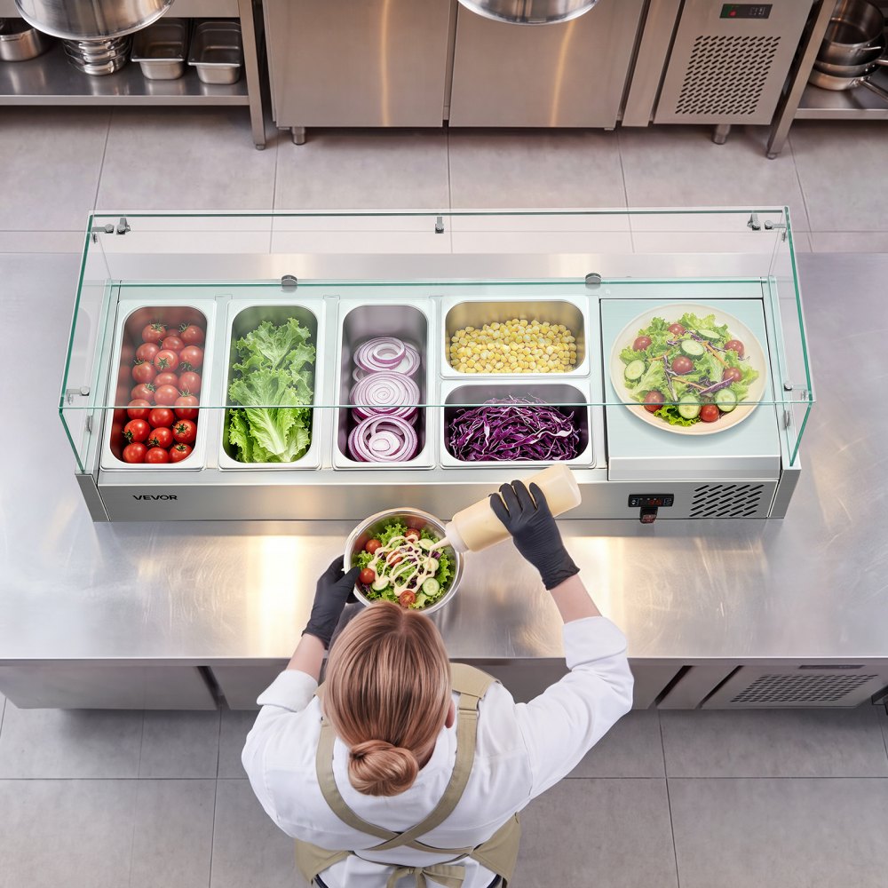 VEVOR Refrigerated Countertop Prep Unit Condiment Prep Station 26.4QT ETL, for Commercial Restaurant Salad Bar, 160W, with 3 x 1/3 & 2 x 1/4 Pans, Auto Defrost, Adjustable Temp, Glass Sneeze Guard