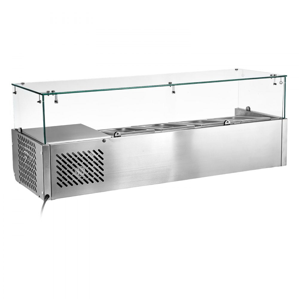 VEVOR Refrigerated Countertop Prep Unit Condiment Prep Station 26.4QT ETL, for Commercial Restaurant Salad Bar, 160W, with 3 x 1/3 & 2 x 1/4 Pans, Auto Defrost, Adjustable Temp, Glass Sneeze Guard