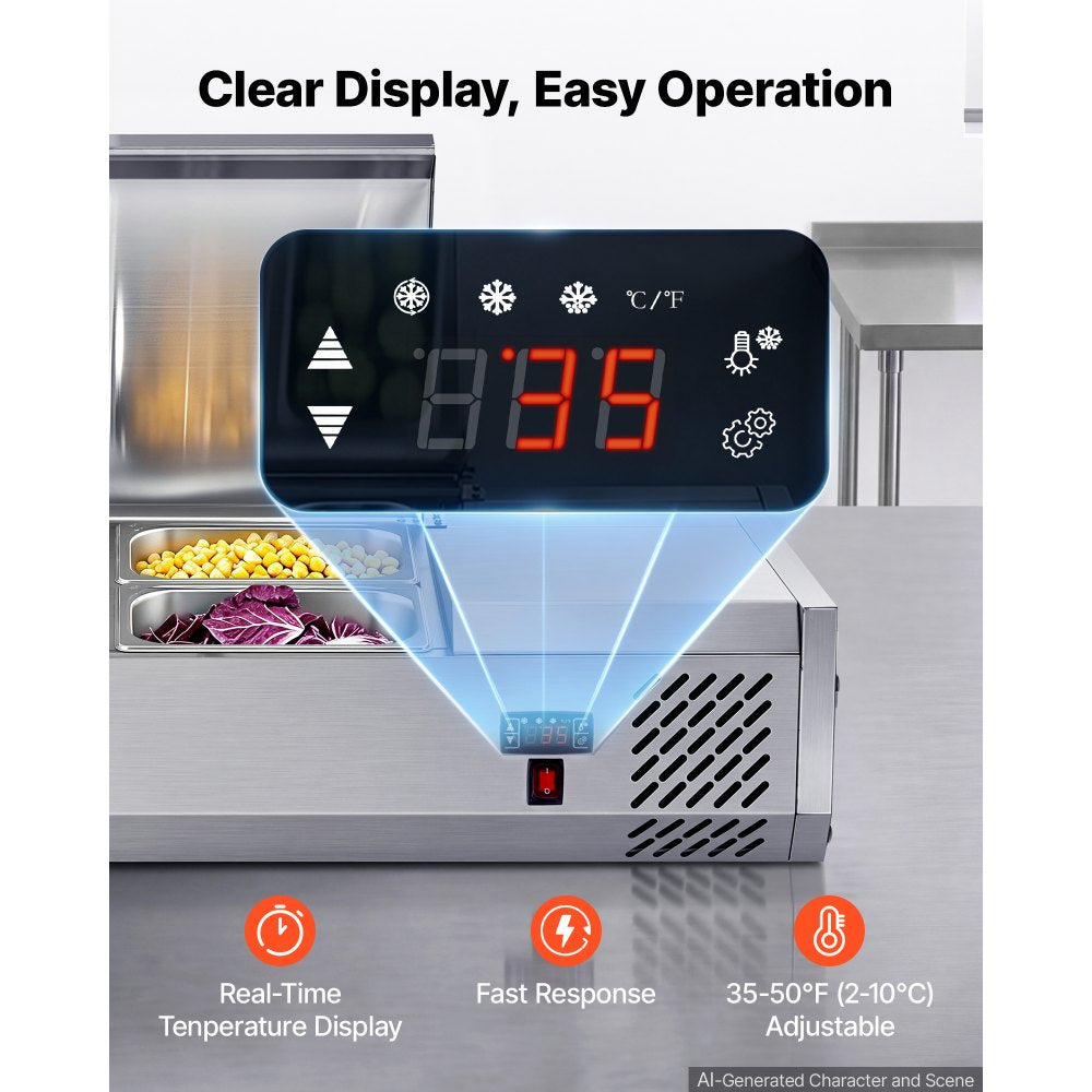 VEVOR Refrigerated Countertop Prep Unit Condiment Prep Station 26.4QT ETL, for Commercial Restaurant Salad Bar, 160W, with 3 x 1/3 & 2 x 1/4 Pans, Auto Defrost, Temp Control, Stainless Steel Cover