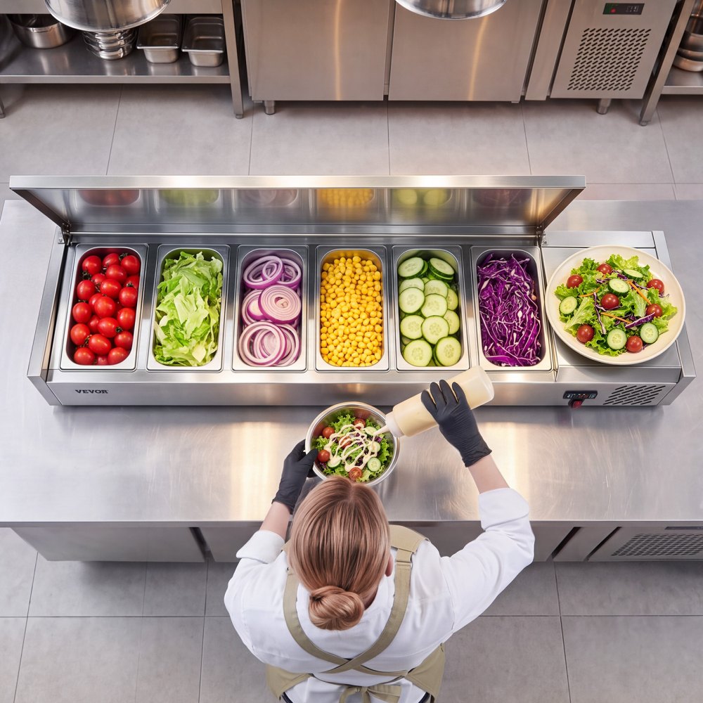 VEVOR Refrigerated Countertop Prep Unit Condiment Prep Station 36 QT ETL, for Commercial Restaurant Salad Bar, 160W, with 6 x 1/3 Pans, Auto Defrost, Adjustable Temp Control, Stainless Steel Cover