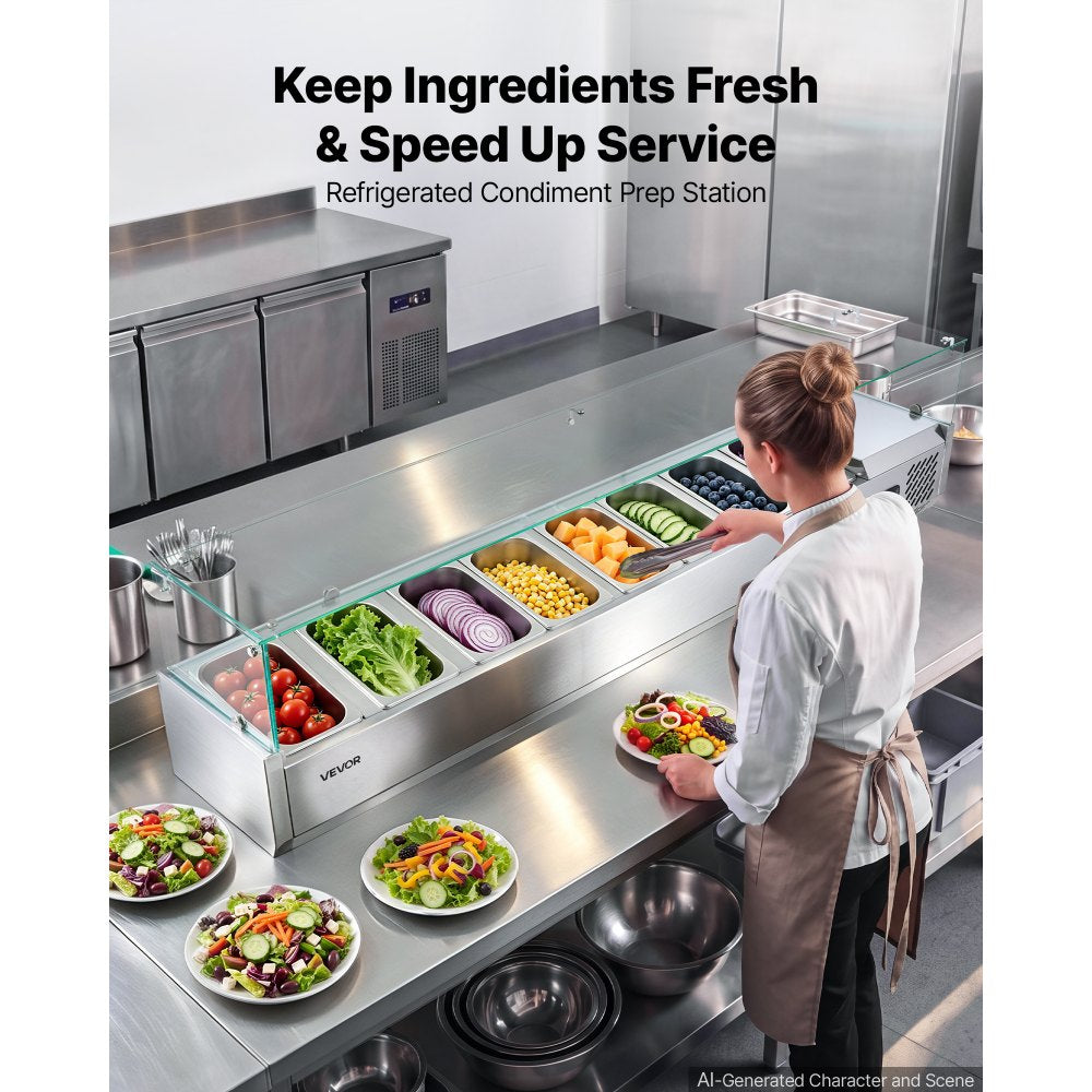 VEVOR Refrigerated Countertop Prep Unit Condiment Prep Station 33.6QT ETL, for Commercial Restaurant Salad Bar, 160W, with 8 x 1/4 Pans, Auto Defrost, Adjustable Temp Control, Glass Sneeze Guard