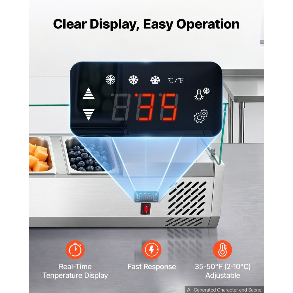 VEVOR Refrigerated Countertop Prep Unit Condiment Prep Station 33.6QT ETL, for Commercial Restaurant Salad Bar, 160W, with 8 x 1/4 Pans, Auto Defrost, Adjustable Temp Control, Glass Sneeze Guard