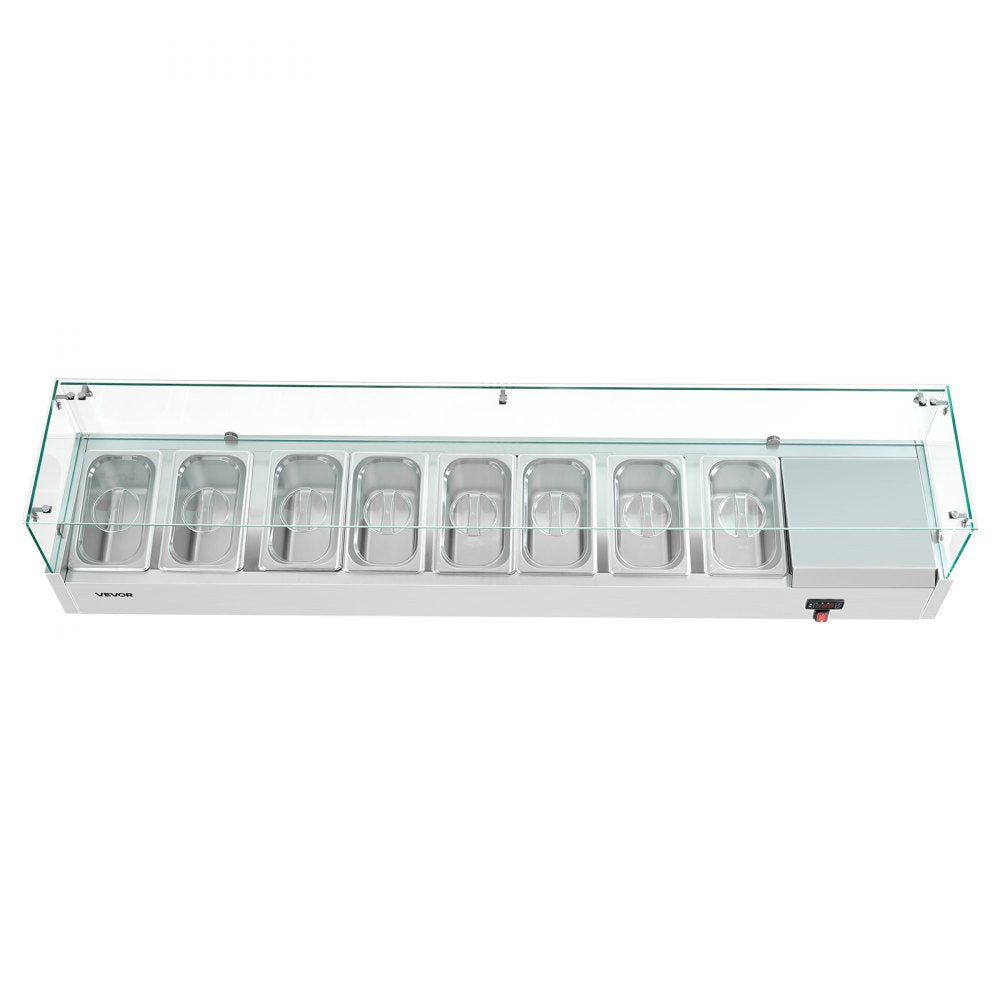 VEVOR Refrigerated Countertop Prep Unit Condiment Prep Station 33.6QT ETL, for Commercial Restaurant Salad Bar, 160W, with 8 x 1/4 Pans, Auto Defrost, Adjustable Temp Control, Glass Sneeze Guard