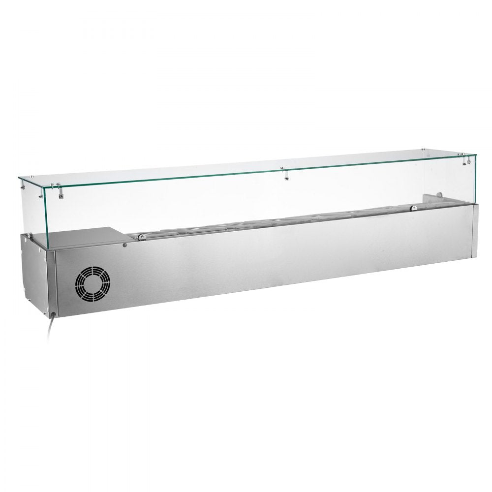 VEVOR Refrigerated Countertop Prep Unit Condiment Prep Station 33.6QT ETL, for Commercial Restaurant Salad Bar, 160W, with 8 x 1/4 Pans, Auto Defrost, Adjustable Temp Control, Glass Sneeze Guard