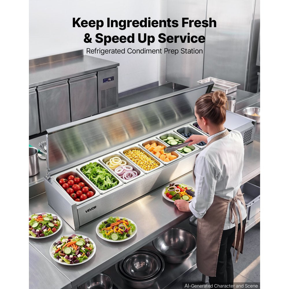 VEVOR Refrigerated Countertop Prep Unit Condiment Prep Station 48 QT ETL, for Commercial Restaurant Salad Bar, 160W, with 8 x 1/3 Pans, Auto Defrost, Adjustable Temp Control, Stainless Steel Cover