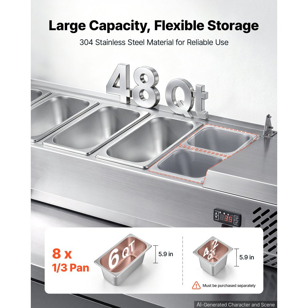 VEVOR Refrigerated Countertop Prep Unit Condiment Prep Station 48 QT ETL, for Commercial Restaurant Salad Bar, 160W, with 8 x 1/3 Pans, Auto Defrost, Adjustable Temp Control, Stainless Steel Cover