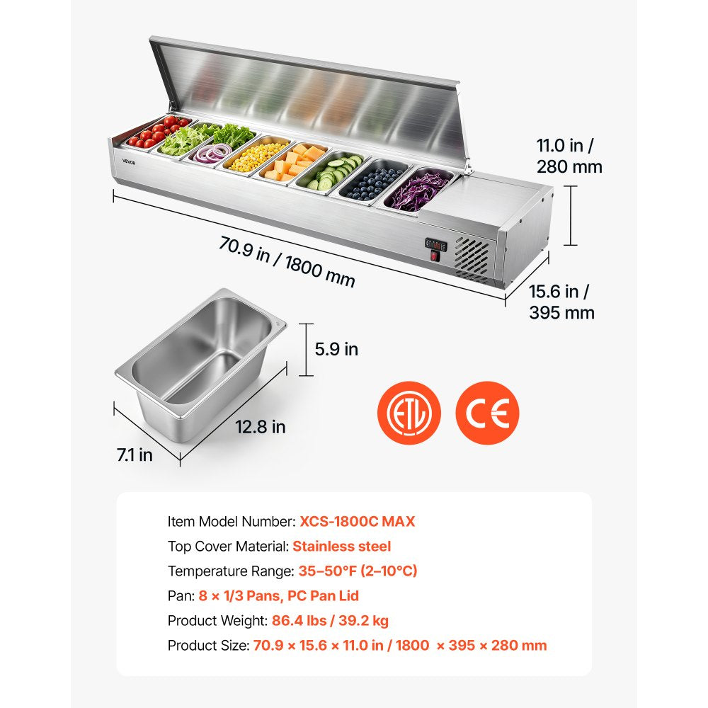 VEVOR Refrigerated Countertop Prep Unit Condiment Prep Station 48 QT ETL, for Commercial Restaurant Salad Bar, 160W, with 8 x 1/3 Pans, Auto Defrost, Adjustable Temp Control, Stainless Steel Cover