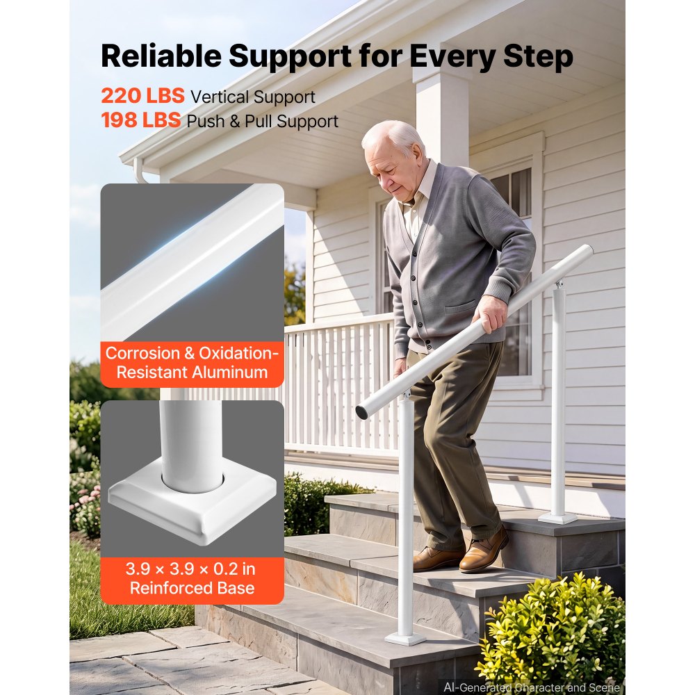 VEVOR Handrails for Outdoor Steps, 2-3 Step Aluminum Stair Hand Rail Kit, White Round Tube Stair Railings for Seniors, Concrete Steps, Porch, Deck, Heavy-Duty with Decorative Cover & Installation Kit