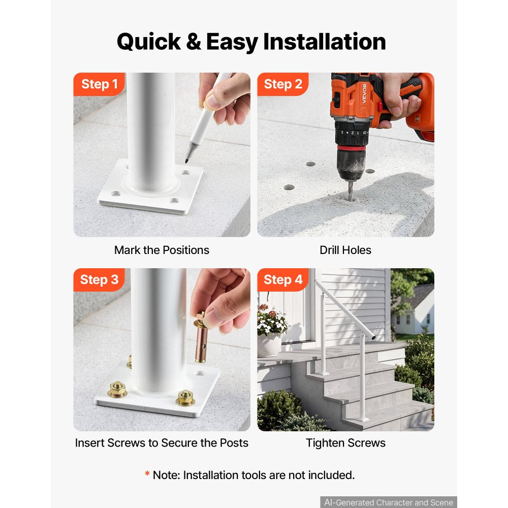 VEVOR Handrails for Outdoor Steps, 2-3 Step Aluminum Stair Hand Rail Kit, White Round Tube Stair Railings for Seniors, Concrete Steps, Porch, Deck, Heavy-Duty with Decorative Cover & Installation Kit