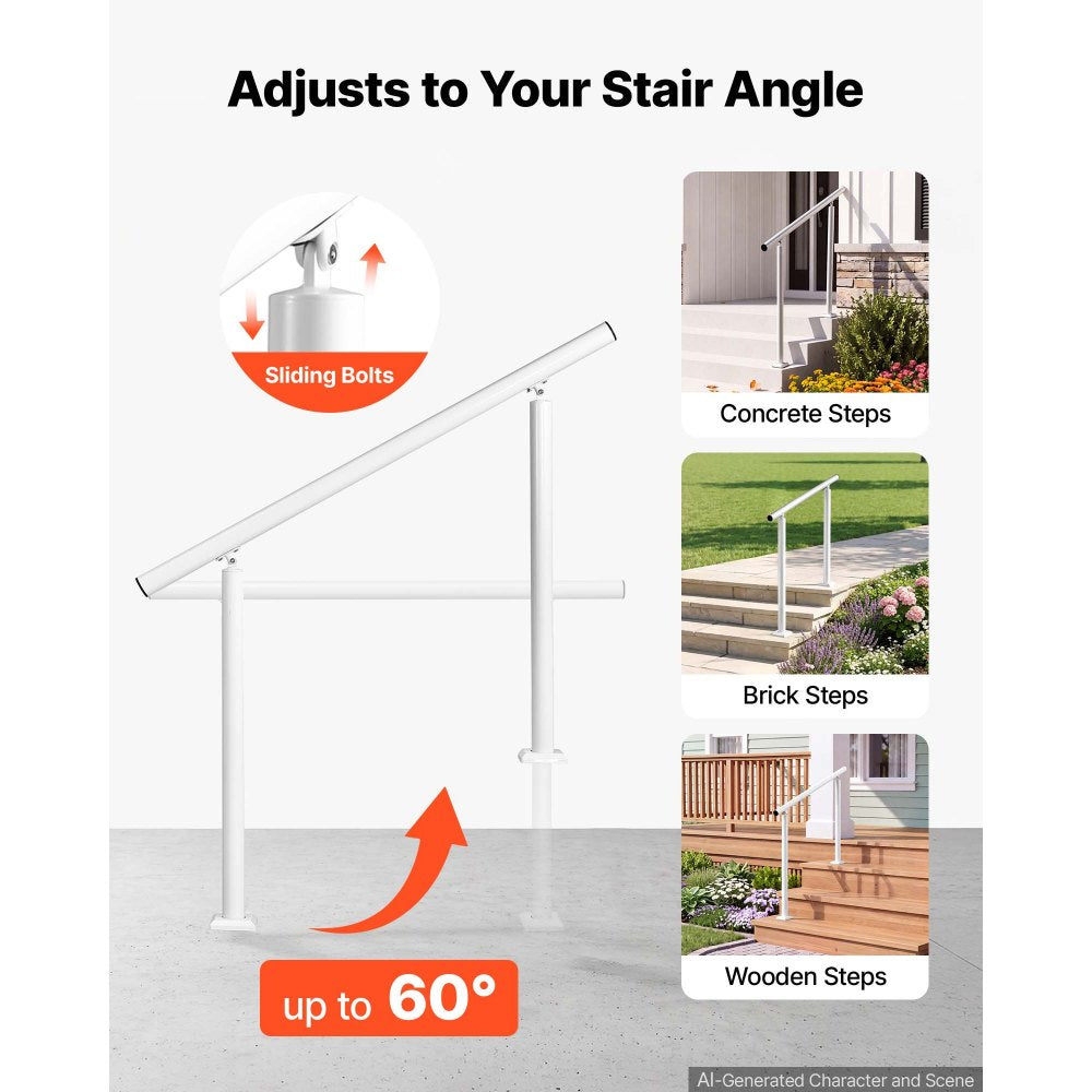 VEVOR Handrails for Outdoor Steps, 3-4 Step Aluminum Stair Hand Rail Kit, White Round Tube Stair Railings for Seniors, Concrete Steps, Porch, Deck, Heavy-Duty with Decorative Cover & Installation Kit