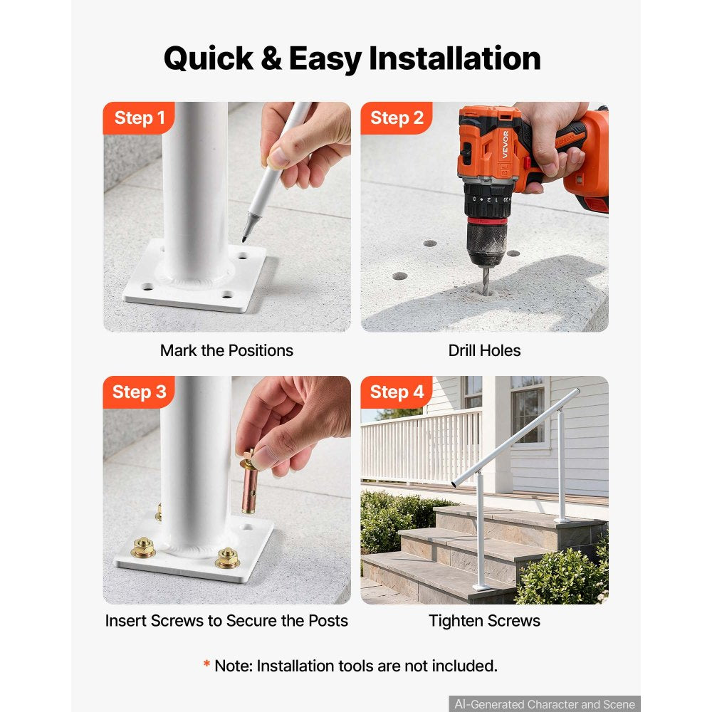 VEVOR Handrails for Outdoor Steps, 3-4 Step Aluminum Stair Hand Rail Kit, White Round Tube Stair Railings for Seniors, Concrete Steps, Porch, Deck, Heavy-Duty with Decorative Cover & Installation Kit