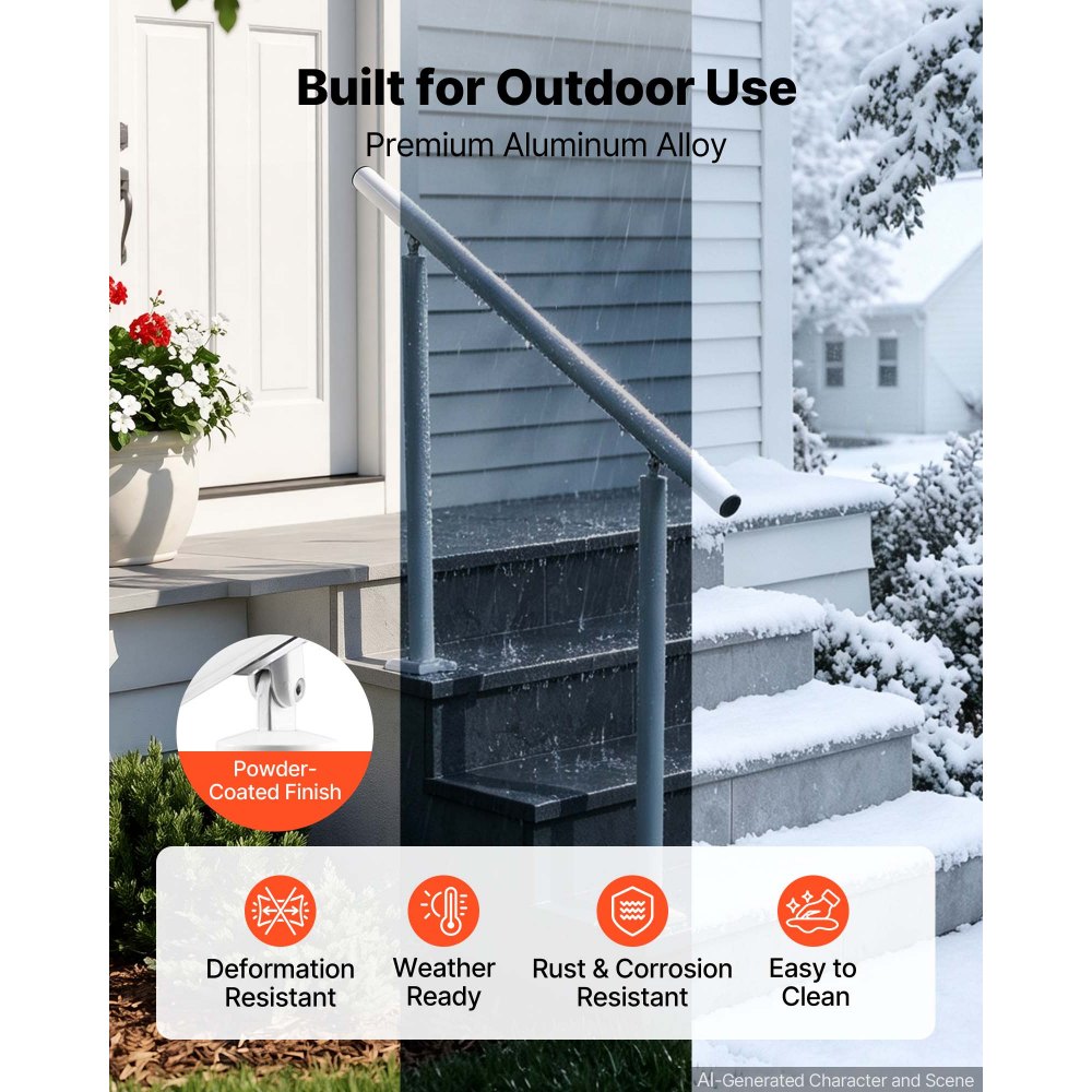 VEVOR Handrails for Outdoor Steps, 3-4 Step Aluminum Stair Hand Rail Kit, White Round Tube Stair Railings for Seniors, Concrete Steps, Porch, Deck, Heavy-Duty with Decorative Cover & Installation Kit