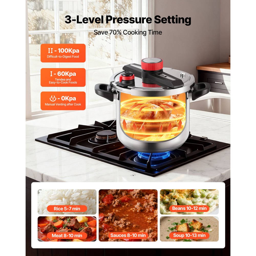 VEVOR Pressure Cooker, 12Qt Pressure Cooker Stainless Steel, Pressures Canner with Steaming Rack, Tempered Glass Lid, Three Pressures Settings for Meat, Beans, Rice, Soup, Sauces, Cook up to 100 kPa