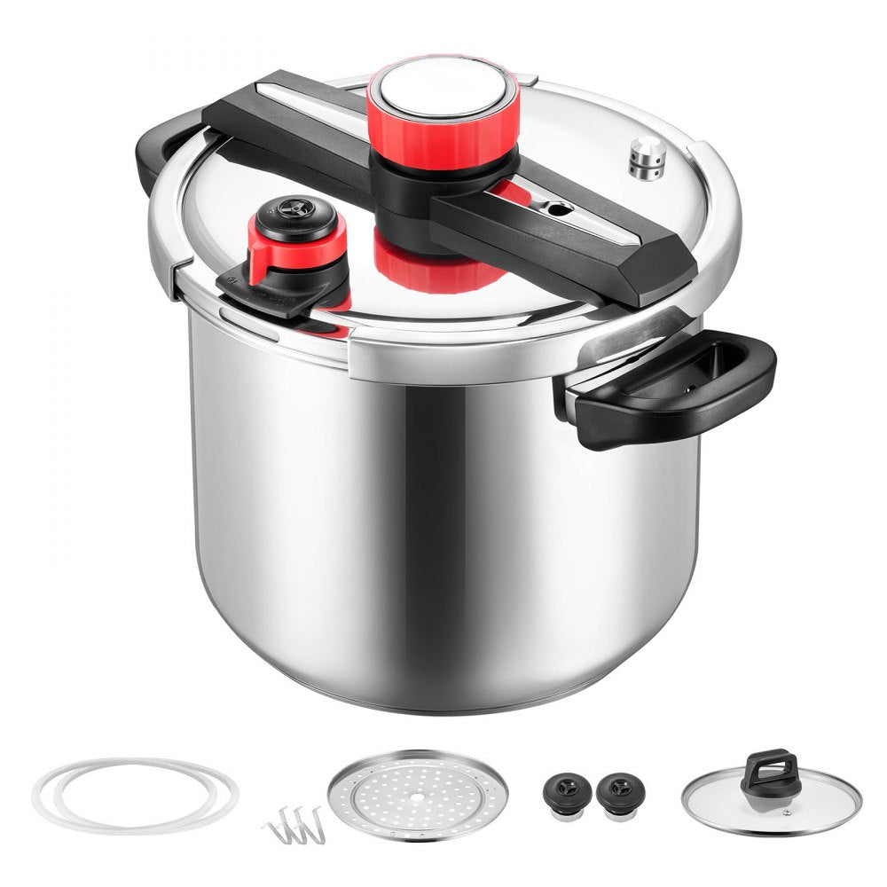 VEVOR Pressure Cooker, 12Qt Pressure Cooker Stainless Steel, Pressures Canner with Steaming Rack, Tempered Glass Lid, Three Pressures Settings for Meat, Beans, Rice, Soup, Sauces, Cook up to 100 kPa