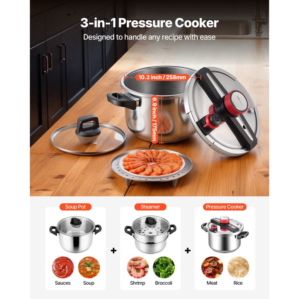VEVOR Pressure Cooker, 10Qt Pressure Cooker Stainless Steel, Pressures Canner with Steaming Rack, Tempered Glass Lid, Three Pressures Settings for Meat, Beans, Rice, Soup, Sauces, Cook up to 100 kPa