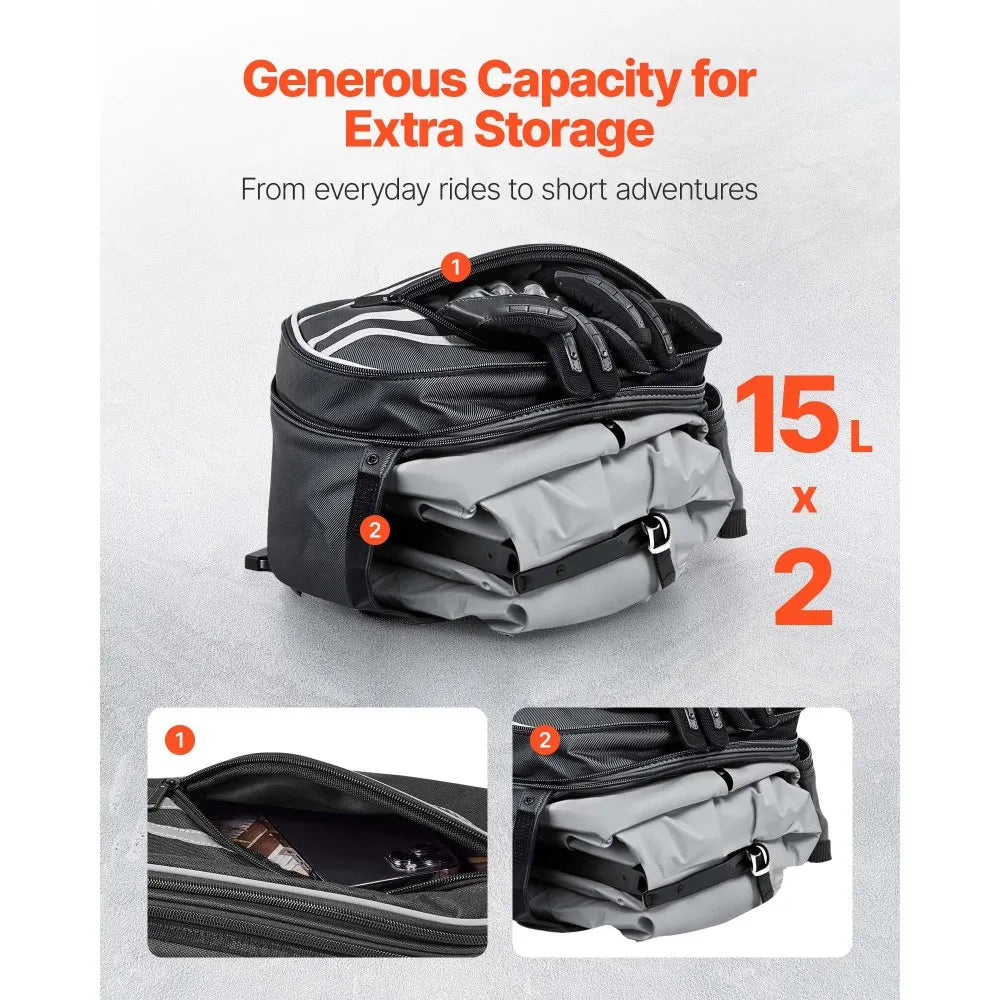 VEVOR Motorcycle Saddlebag, 30 L (15 L x 2) Large Capacity Side Saddle Bag with Waterproof Rain Cover and Straps, Compatible with Most Motorcycles, Outdoor Sports Motorbike Luggage Storage Bag, Black