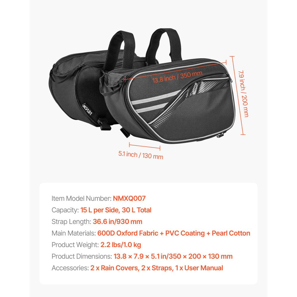 VEVOR Motorcycle Saddlebag, 30 L (15 L x 2) Large Capacity Side Saddle Bag with Waterproof Rain Cover and Straps, Compatible with Most Motorcycles, Outdoor Sports Motorbike Luggage Storage Bag, Black