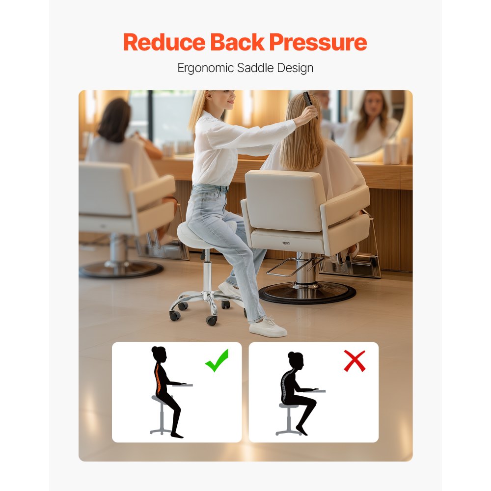 VEVOR Saddle Stool with Wheels, 450 LBS Weight Capacity Ergonomic Rolling Stool, Height Adjustable Thickened PU Leather Swivel Saddle Chair for Salon, Spa, Massage, Tattoo, Clinic, White