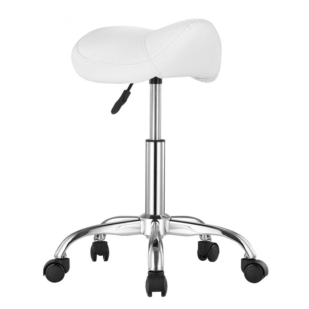 VEVOR Saddle Stool with Wheels, 450 LBS Weight Capacity Ergonomic Rolling Stool, Height Adjustable Thickened PU Leather Swivel Saddle Chair for Salon, Spa, Massage, Tattoo, Clinic, White