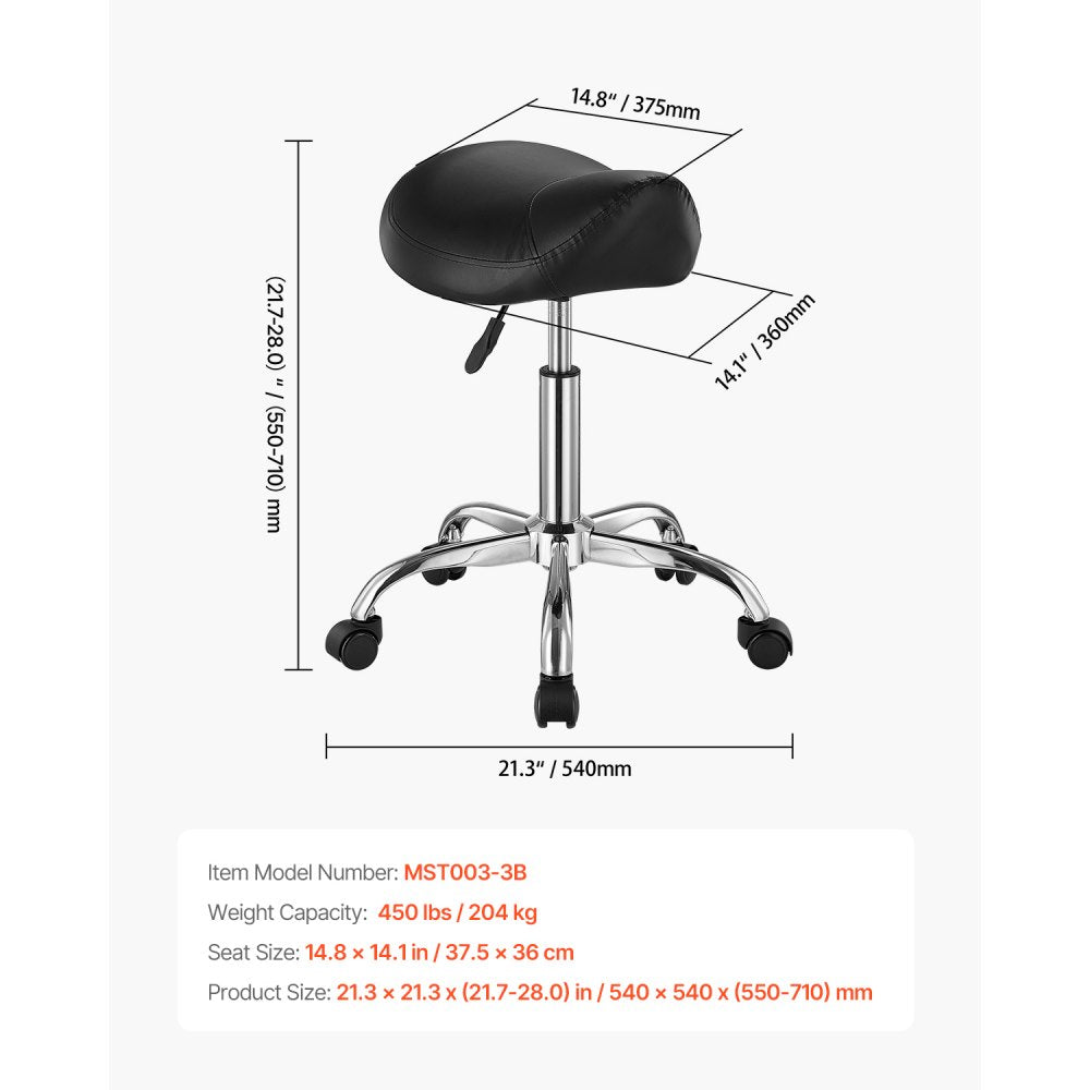 VEVOR Saddle Stool with Wheels, 450 LBS Weight Capacity Ergonomic Rolling Stool, Height Adjustable Thickened PU Leather Swivel Saddle Chair for Salon, Spa, Massage, Tattoo, Clinic, Black