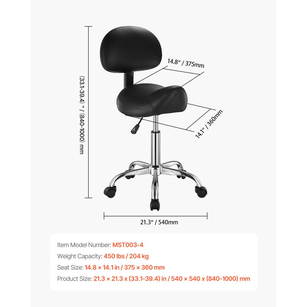 VEVOR Saddle Stool with Back Support and Wheels, 450 LBS Weight Capacity Ergonomic Rolling Stool, Height Adjustable Thickened PU Leather Swivel Saddle Chair for Salon, Spa, Massage, Tattoo, Black