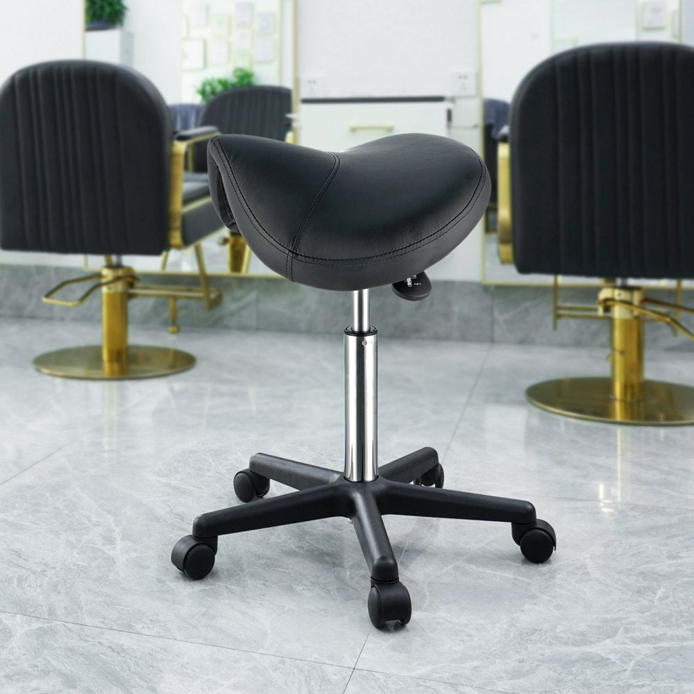VEVOR Saddle Stool with Wheels, 400 LBS Weight Capacity, Height Adjustable Thickened PU Leather Swivel Saddle Stool Chair for Salon, Spa, Tattoo, Clinic, Black