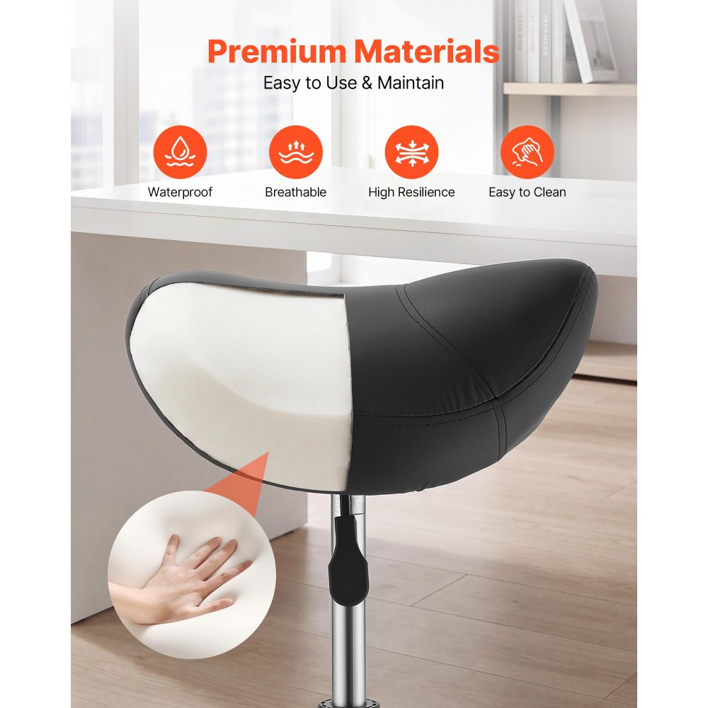 VEVOR Saddle Stool with Wheels, 500 lbs Weight Capacity, Height Adjustable, Quiet Casters, Ergonomic PU Leather Seat, 360° Swivel Saddle Stool Rolling Chair for Salon, Spa, Bar, Home, Medical, Black