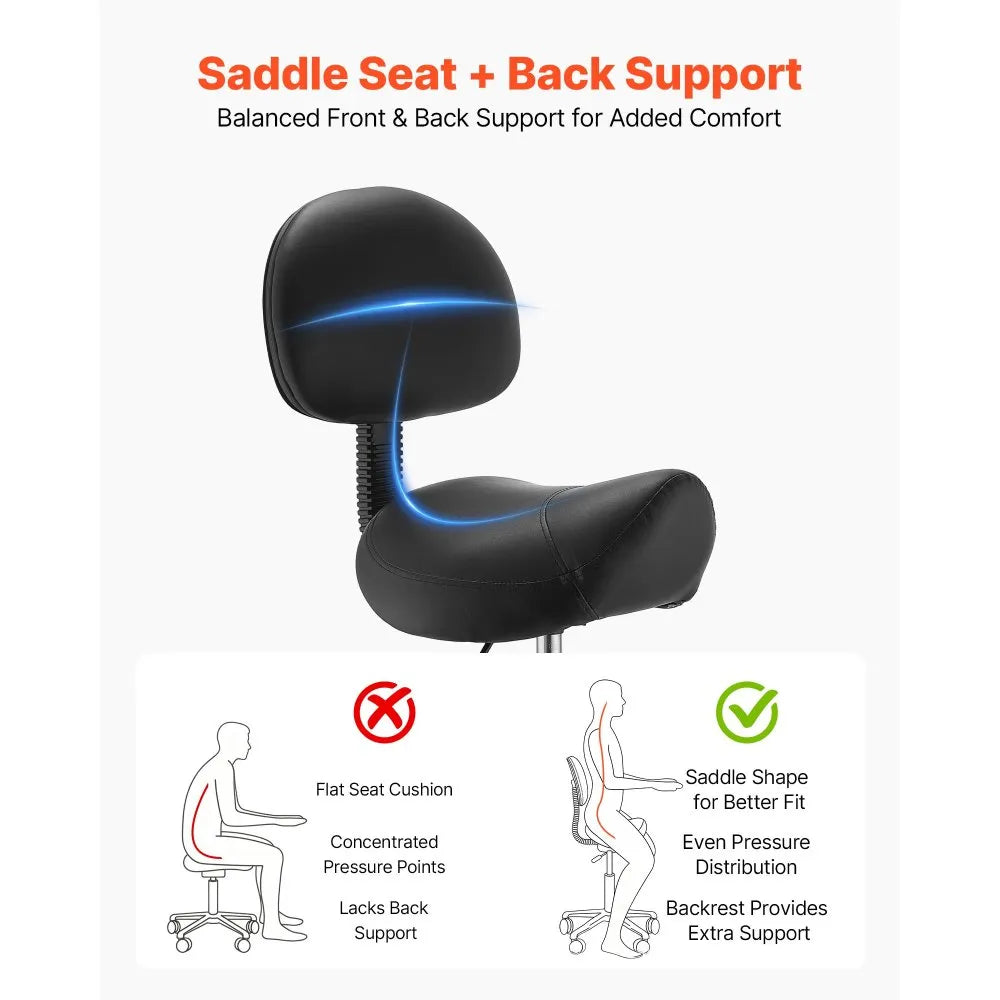 VEVOR Saddle Stool with Back Support, 500 lbs Weight Capacity, Height Adjustable, Quiet Casters, Ergonomic PU Leather Seat, 360° Swivel Saddle Stool Rolling Chair for Salon, Spa, Bar, Medical, Black