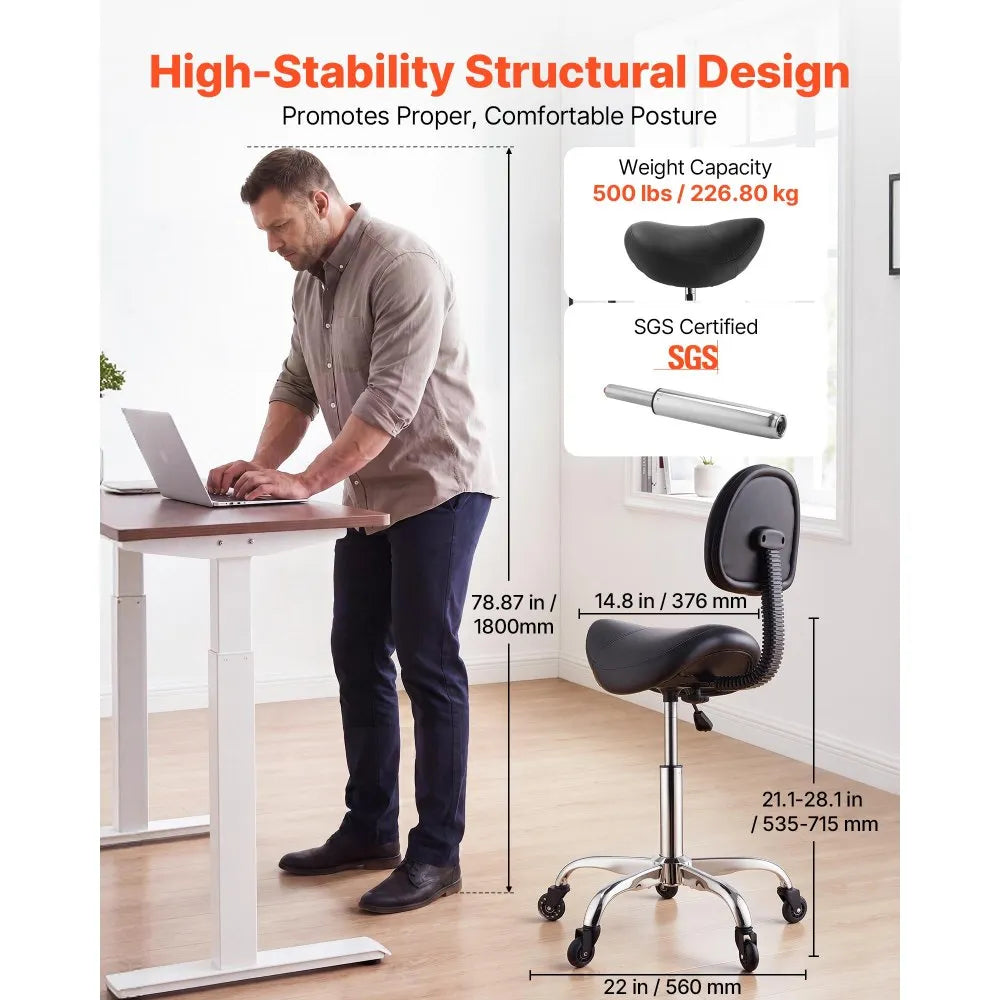 VEVOR Saddle Stool with Back Support, 500 lbs Weight Capacity, Height Adjustable, Quiet Casters, Ergonomic PU Leather Seat, 360° Swivel Saddle Stool Rolling Chair for Salon, Spa, Bar, Medical, Black