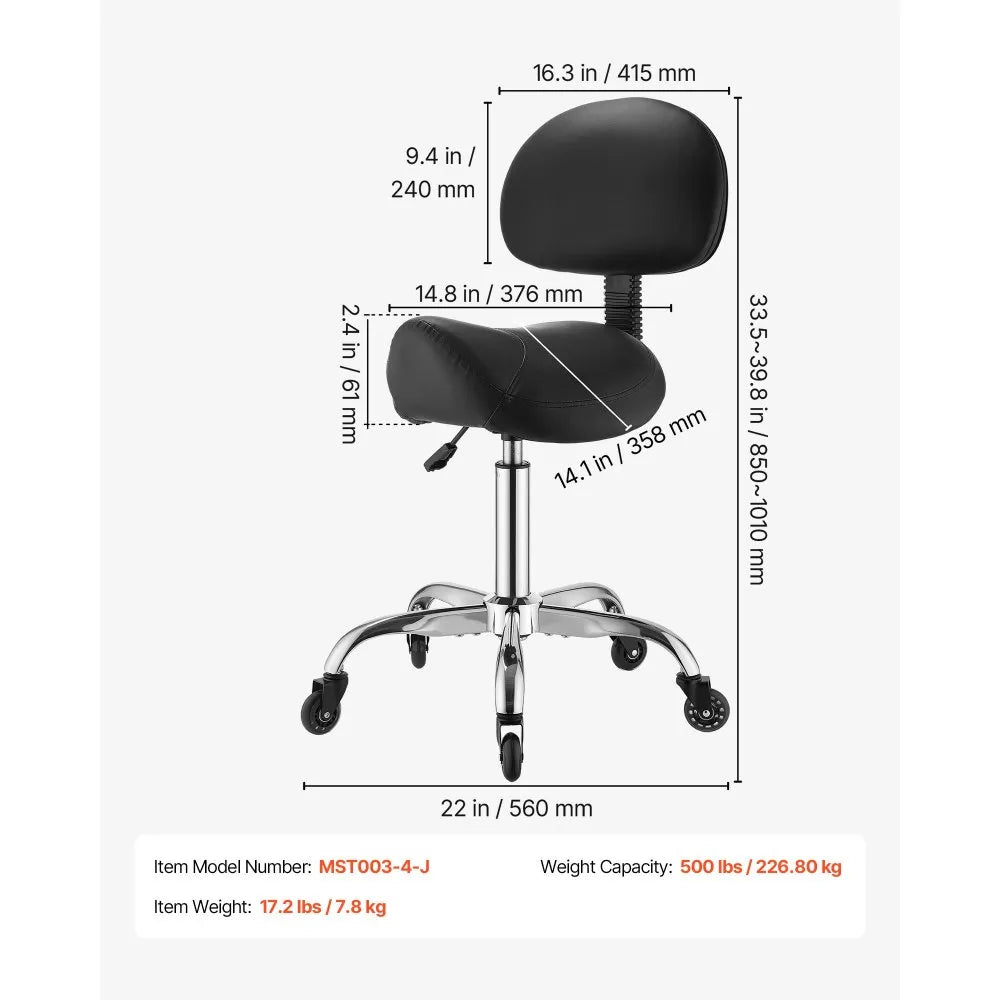 VEVOR Saddle Stool with Back Support, 500 lbs Weight Capacity, Height Adjustable, Quiet Casters, Ergonomic PU Leather Seat, 360° Swivel Saddle Stool Rolling Chair for Salon, Spa, Bar, Medical, Black