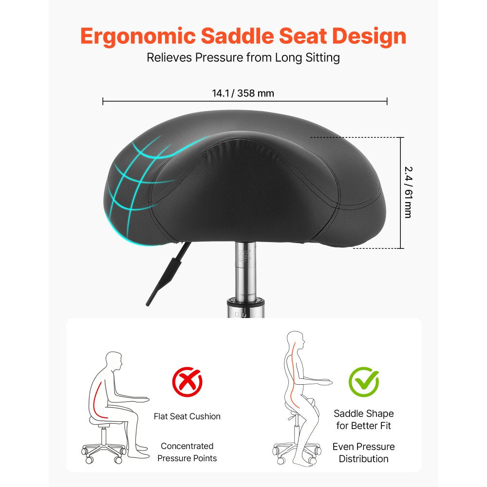 VEVOR Saddle Stool with Wheels, 500 lbs Weight Capacity, Height Adjustable, Ergonomic PU Leather Seat, 360° Swivel Saddle Stool Rolling Chair for Salon, Spa, Bar, Home, Medical, and Massage, Black