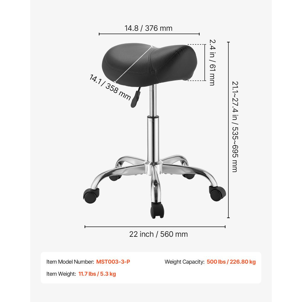 VEVOR Saddle Stool with Wheels, 500 lbs Weight Capacity, Height Adjustable, Ergonomic PU Leather Seat, 360° Swivel Saddle Stool Rolling Chair for Salon, Spa, Bar, Home, Medical, and Massage, Black