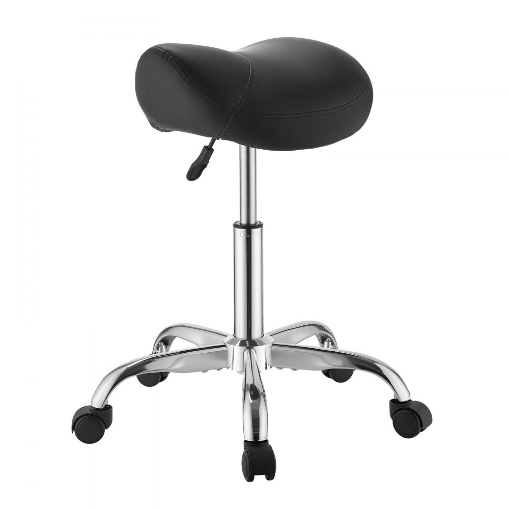 VEVOR Saddle Stool with Wheels, 500 lbs Weight Capacity, Height Adjustable, Ergonomic PU Leather Seat, 360° Swivel Saddle Stool Rolling Chair for Salon, Spa, Bar, Home, Medical, and Massage, Black
