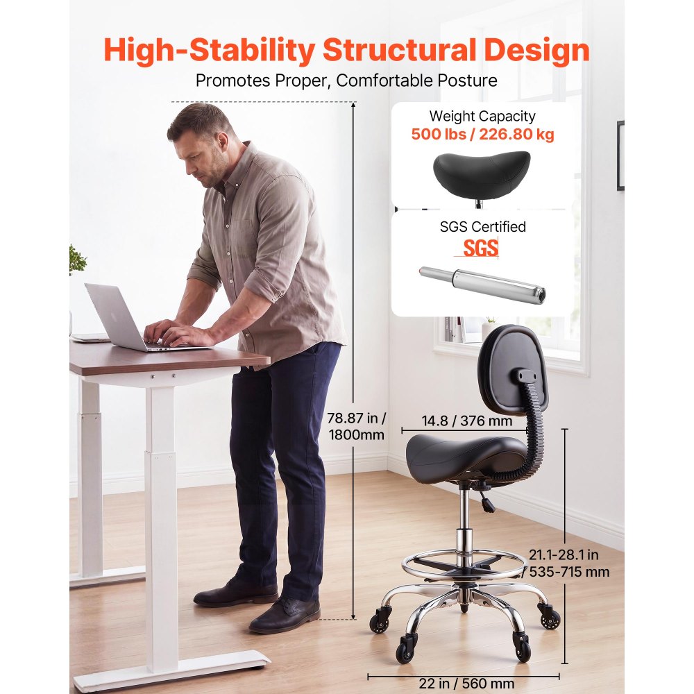 VEVOR Saddle Stool with Back Support Footrest, 500 lbs Weight Capacity, Height Adjustable, Quiet Casters, PU Leather Seat, 360° Swivel Saddle Stool Rolling Chair for Salon, Spa, Bar, Medical, Black