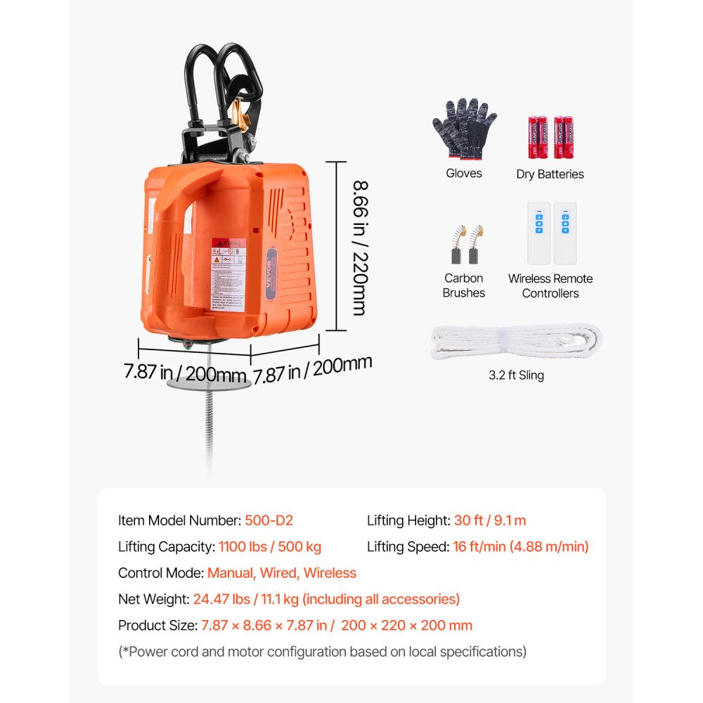 VEVOR 3-in-1 Electric Hoist Winch, 1100 lbs Capacity, 1500W Portable Power Winch, 30 ft Lifting Height, 16 ft/min with Wire and Wireless Remote Control, for Garage, Warehouse, Factory Lifting Towing
