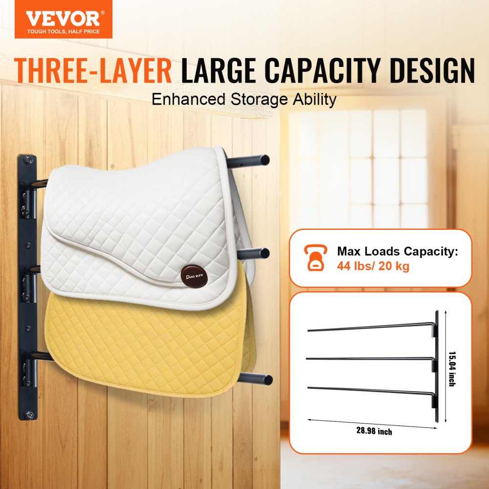 VEVOR Wall Mounted Saddle Rack, 30.9 x 29.9 x 5.5 in, 2 Packs Swing Out Saddle Holder, Three Tiers Horse Saddle Stand, Space Saving Horse Pad and Blanket Rack for Tack Room Organization