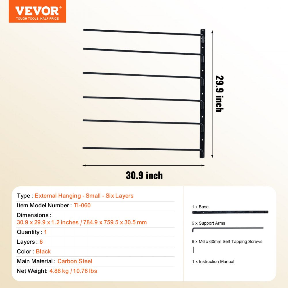 VEVOR Wall Mounted Saddle Rack, 30.9 x 29.9 x 5.5 in, Swing Out Saddle Holder, Six Tiers Horse Saddle Stand, Space Saving Horse Pad and Blanket Rack for Tack Room Organization Trailer Accessories